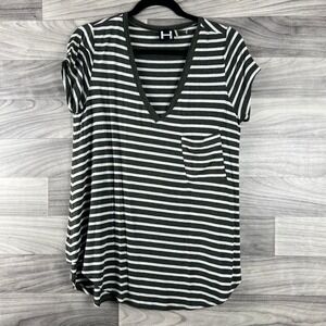H By Bordeaux T-Shirt Womens M Green White Stripe Short Sleeve Pocket‎ Stretch